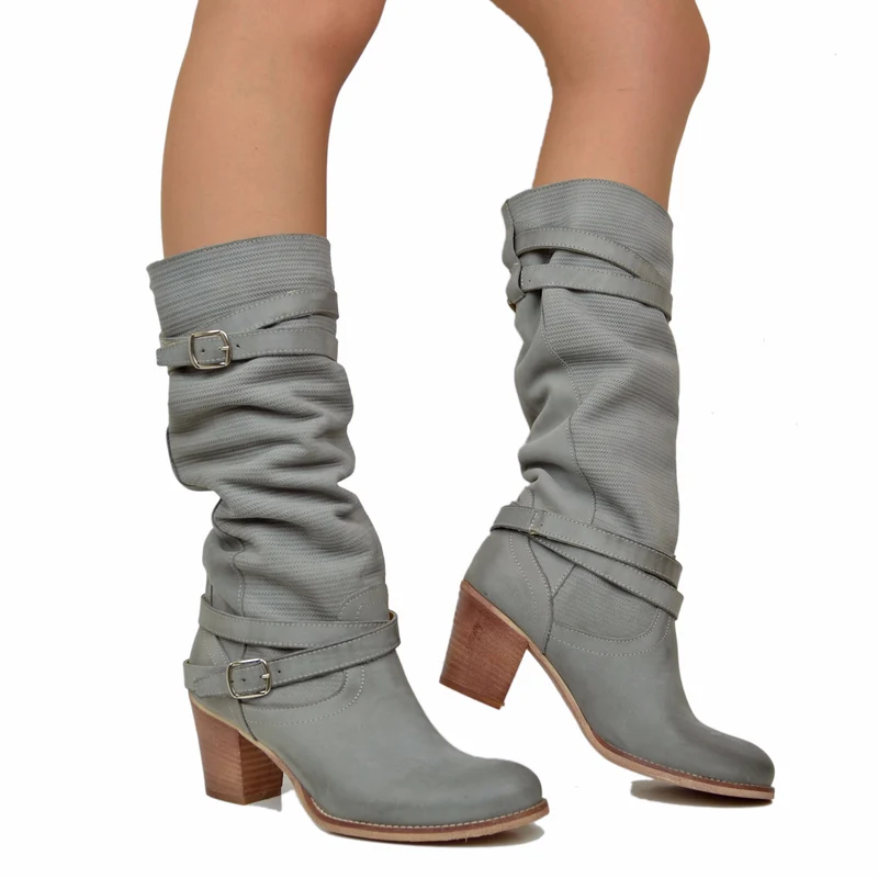 Stivali Donna in Pelle Nabuk Zigrinata Grigio Made in Italy