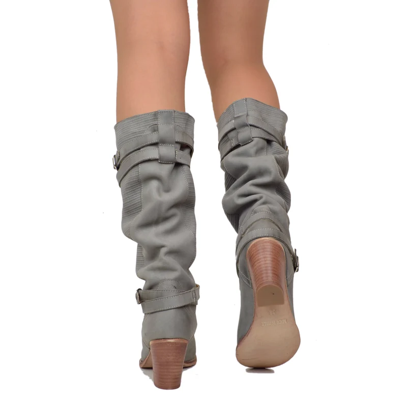 Stivali Donna in Pelle Nabuk Zigrinata Grigio Made in Italy