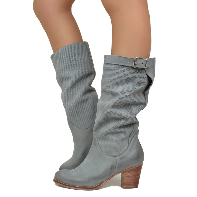 Stivali Donna Zigrinati con Tacco Medio in Pelle Nabuk Grigio