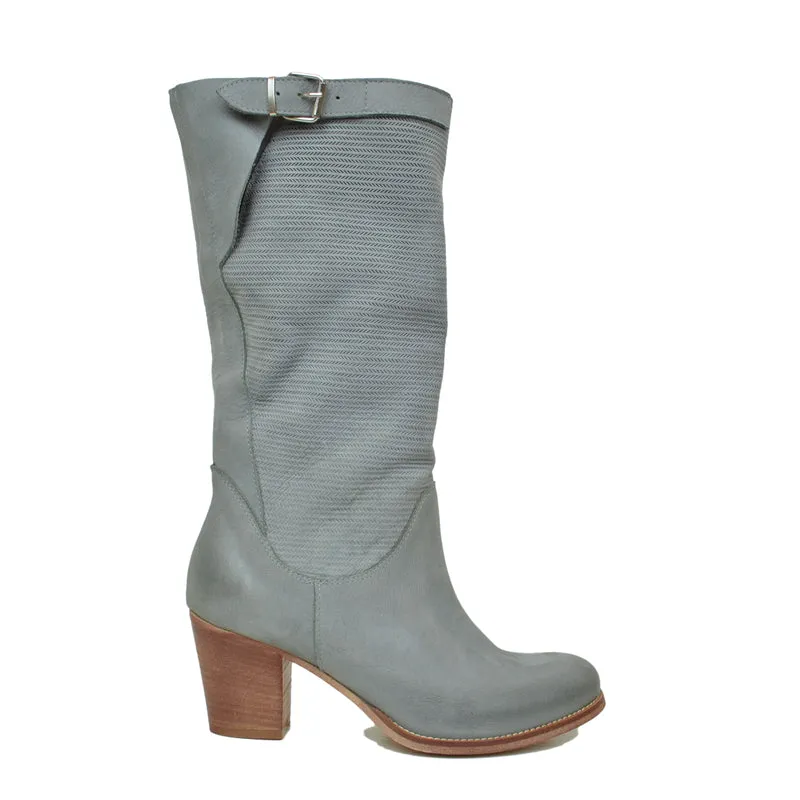 Stivali Donna Zigrinati con Tacco Medio in Pelle Nabuk Grigio
