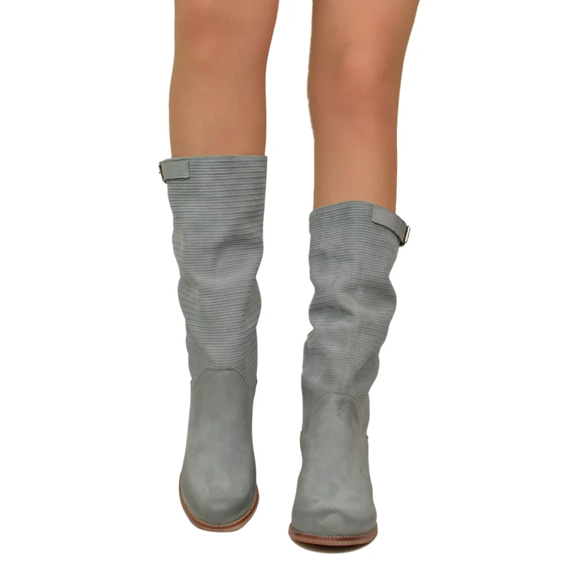 Stivali Donna Zigrinati con Tacco Medio in Pelle Nabuk Grigio