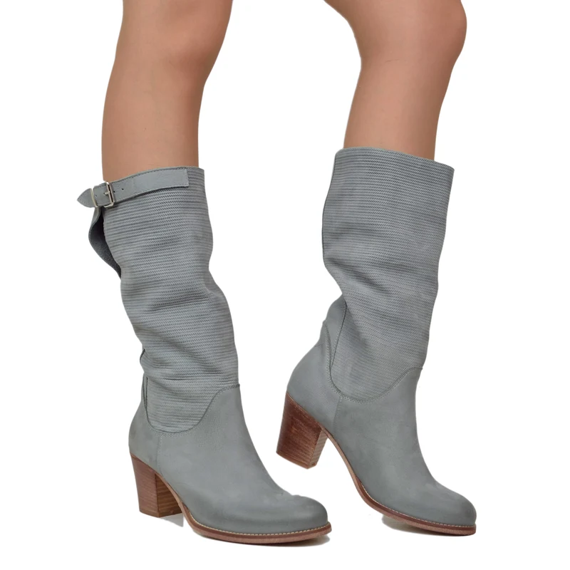 Stivali Donna Zigrinati con Tacco Medio in Pelle Nabuk Grigio