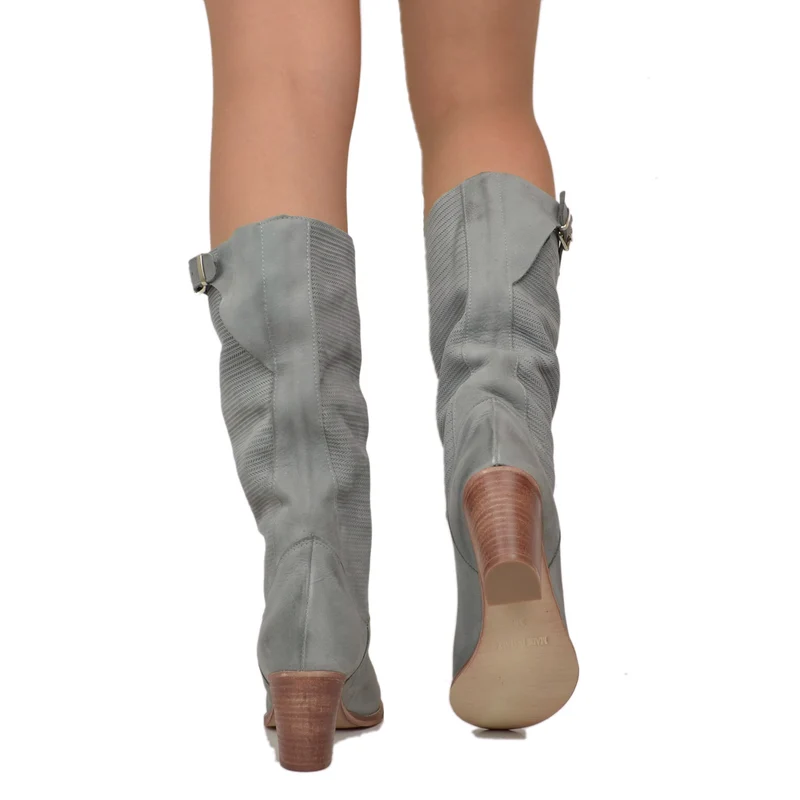Stivali Donna Zigrinati con Tacco Medio in Pelle Nabuk Grigio