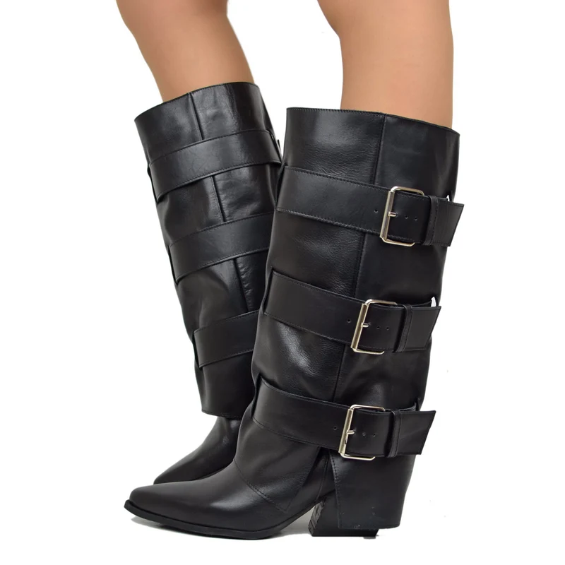 Texani Alti con Ghetta Tre Fibbie Vera Pelle Neri Tacco 6 Cm