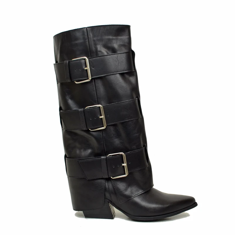 Texani Alti con Ghetta Tre Fibbie Vera Pelle Neri Tacco 6 Cm