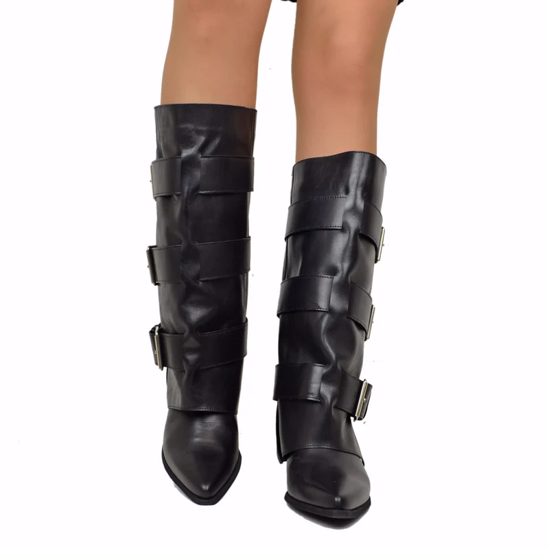Texani Alti con Ghetta Tre Fibbie Vera Pelle Neri Tacco 6 Cm