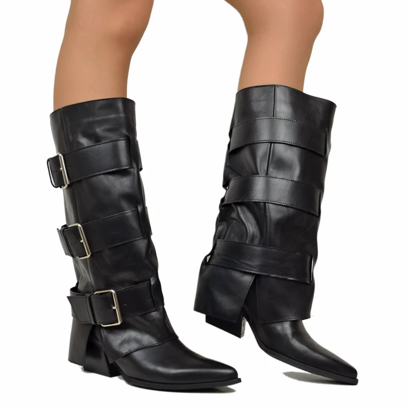 Texani Alti con Ghetta Tre Fibbie Vera Pelle Neri Tacco 6 Cm