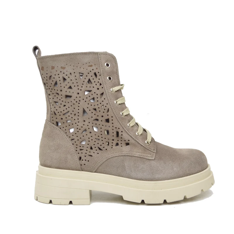 Anfibi Stringati Estivi Traforati Platform Pelle Scamosciati Taupe