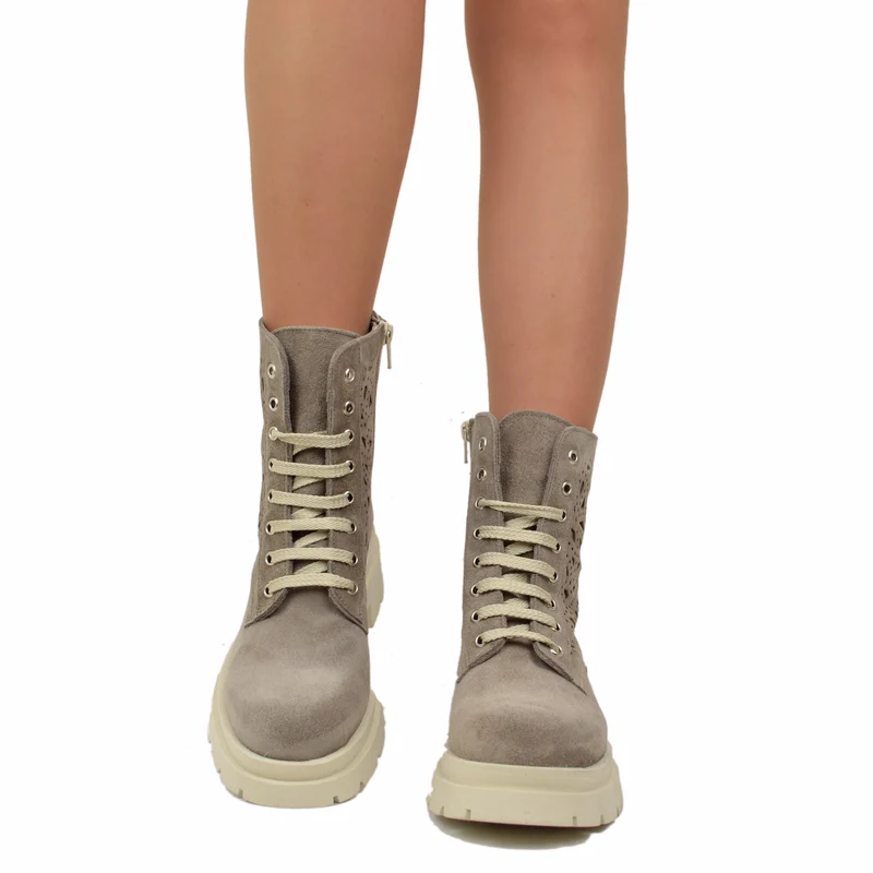 Anfibi Stringati Estivi Traforati Platform Pelle Scamosciati Taupe