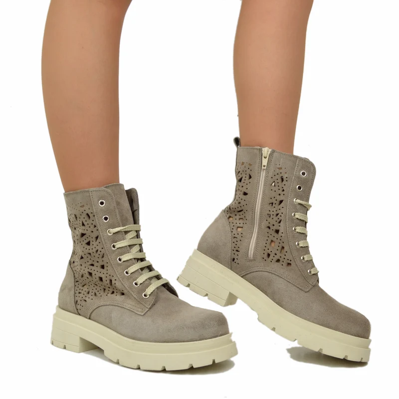 Anfibi Stringati Estivi Traforati Platform Pelle Scamosciati Taupe
