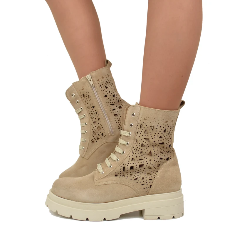Anfibi Stringati Estivi Traforati Platform Pelle Scamosciati Beige