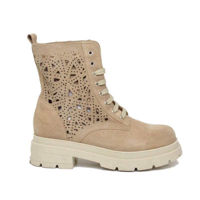 Anfibi Stringati Estivi Traforati Platform Pelle Scamosciati Beige