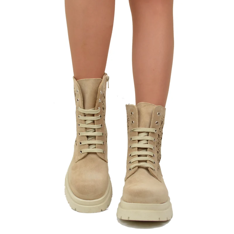 Anfibi Stringati Estivi Traforati Platform Pelle Scamosciati Beige