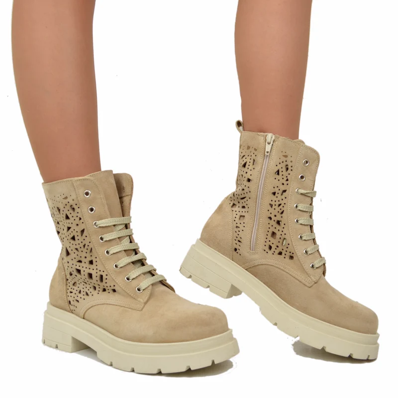 Anfibi Stringati Estivi Traforati Platform Pelle Scamosciati Beige