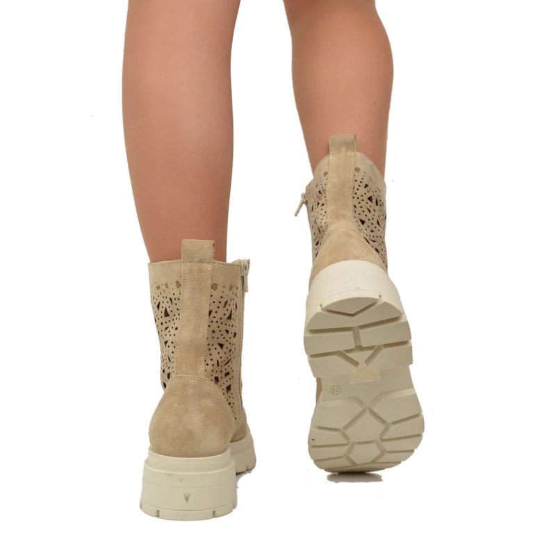 Anfibi Stringati Estivi Traforati Platform Pelle Scamosciati Beige