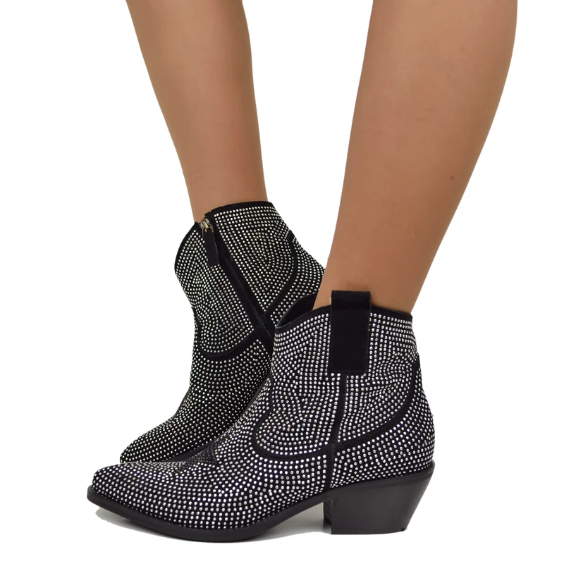 Texanini Tempestati di Strass con Stella Zip Laterale Neri