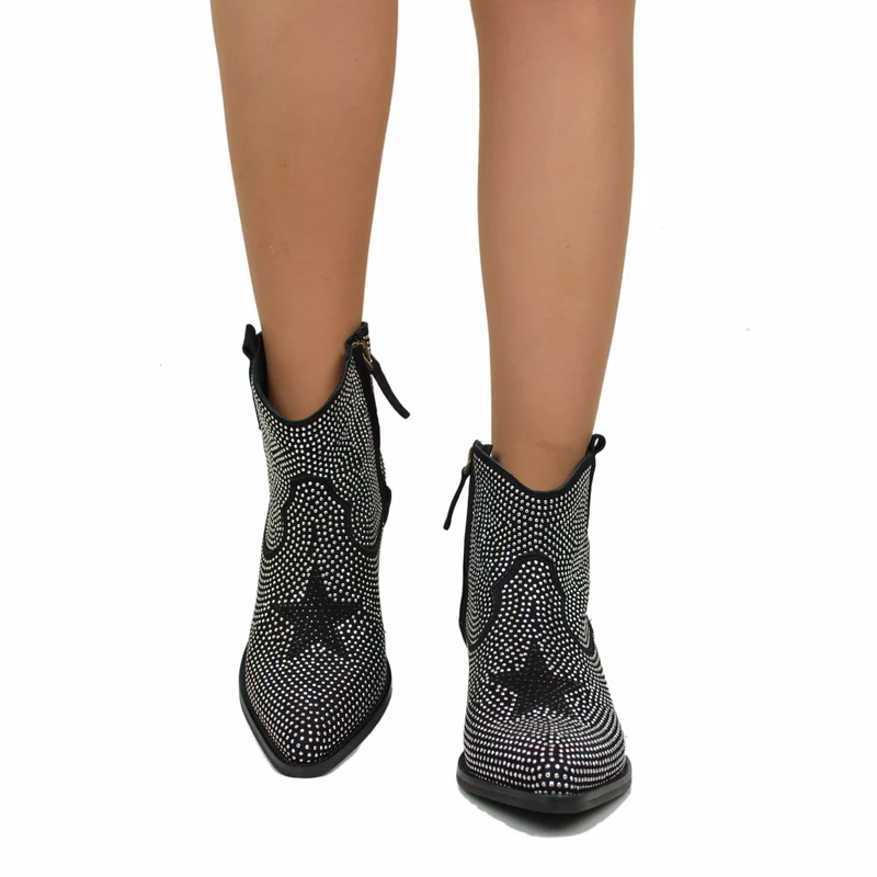 Texanini Tempestati di Strass con Stella Zip Laterale Neri