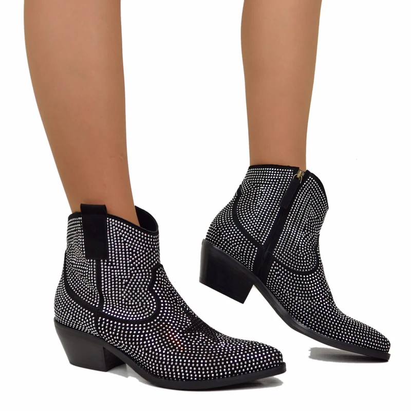Texanini Tempestati di Strass con Stella Zip Laterale Neri