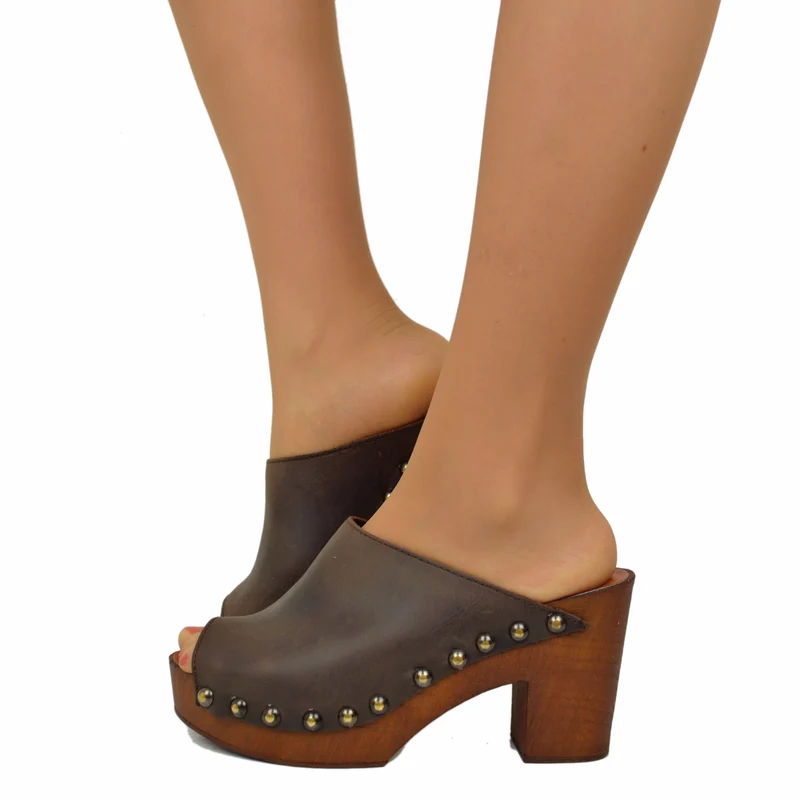 Zoccolo Donna color Caffè Pelle Ingrassata Suola Imbottita Morbida