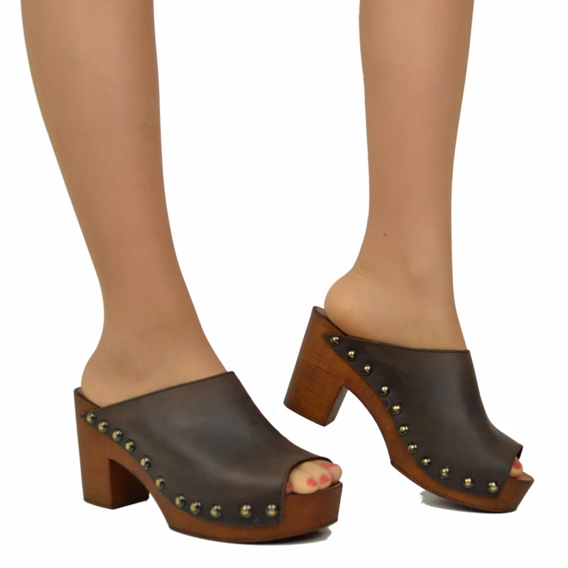 Zoccolo Donna color Caffè Pelle Ingrassata Suola Imbottita Morbida