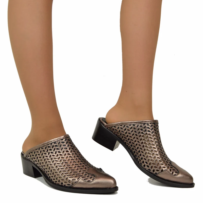 Sabot Donna Bronzo Traforati Tacco 4 cm Made in Italy