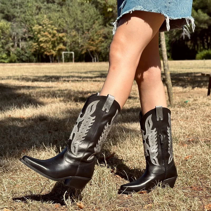 Stivali Texani Donna Neri in Pelle Sfumata e Argentata con Zip