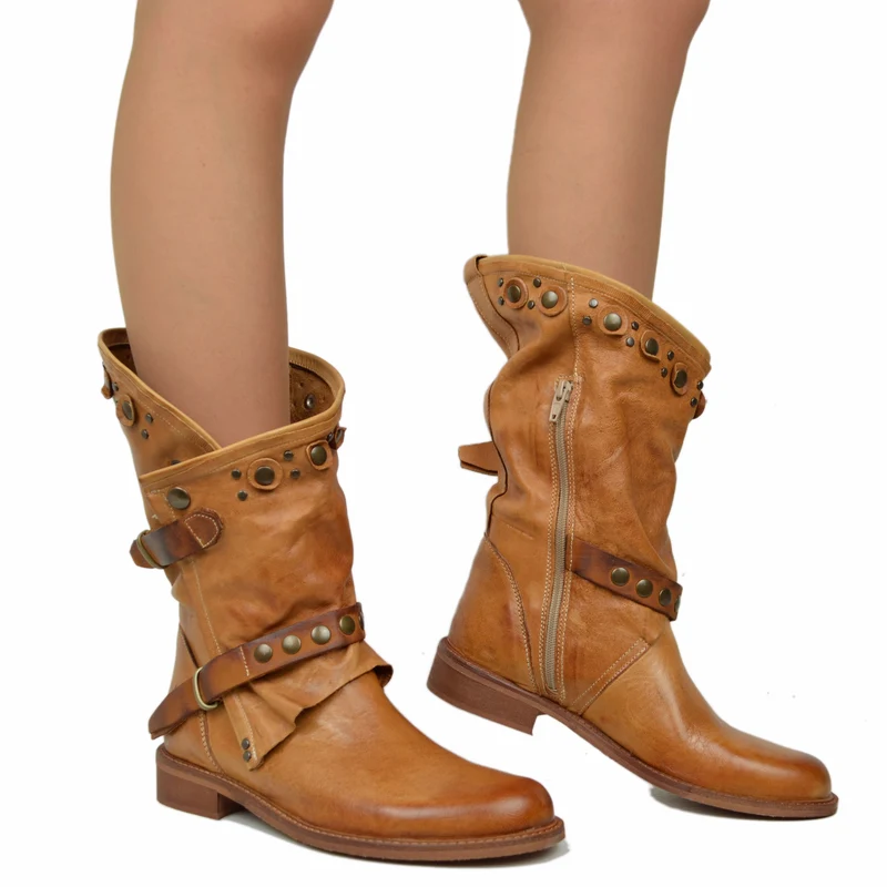 Stivali Donna Biker Estivi Cuoio in Pelle con Borchie e Zip
