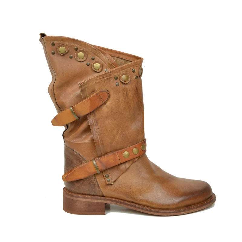 Stivali Donna Biker Estivi Cuoio in Pelle con Borchie e Zip
