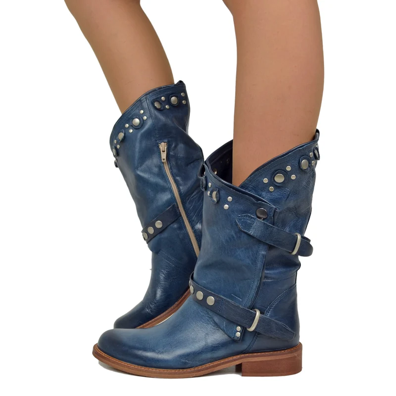 Stivali Donna Biker Estivi Jeans in Pelle con Borchie e Zip