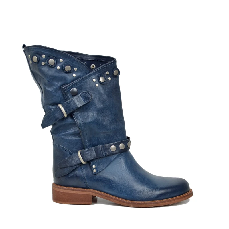 Stivali Donna Biker Estivi Jeans in Pelle con Borchie e Zip