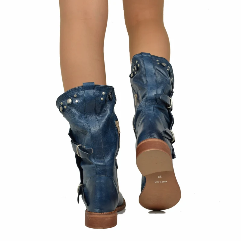 Stivali Donna Biker Estivi Jeans in Pelle con Borchie e Zip