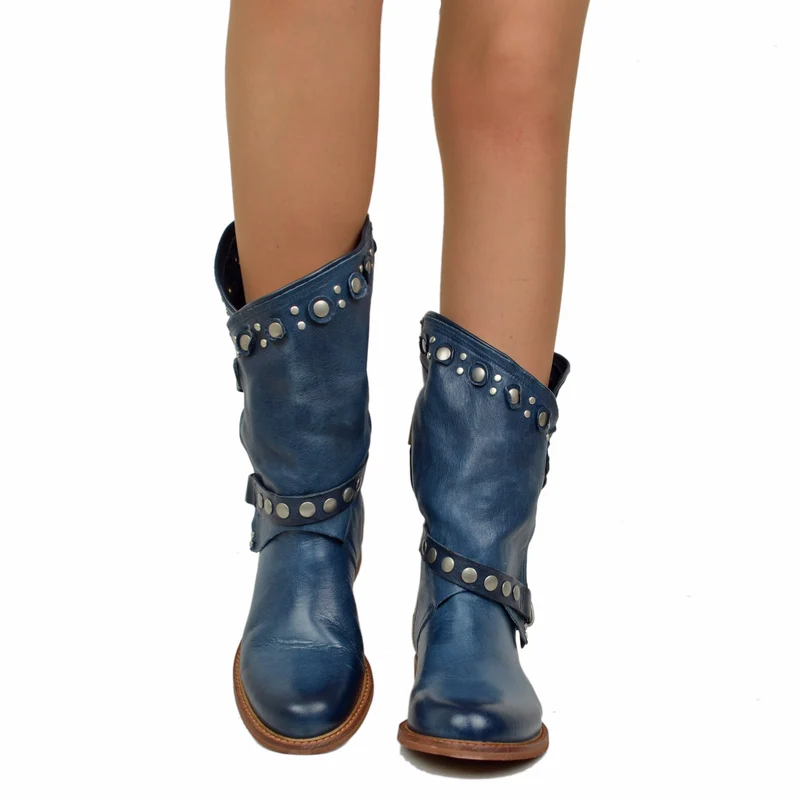Stivali Donna Biker Estivi Jeans in Pelle con Borchie e Zip