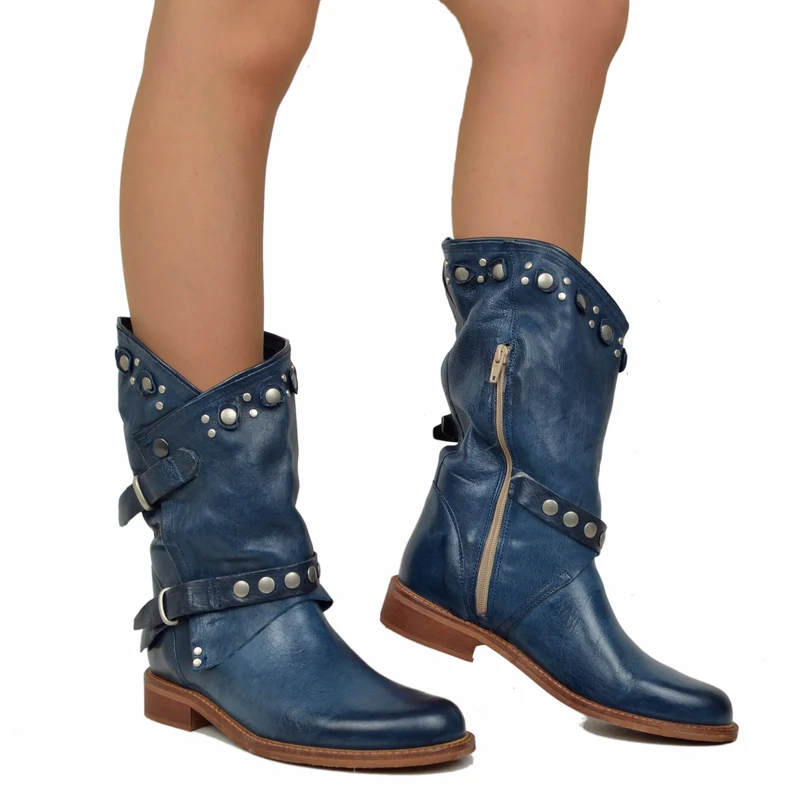 Stivali Donna Biker Estivi Jeans in Pelle con Borchie e Zip