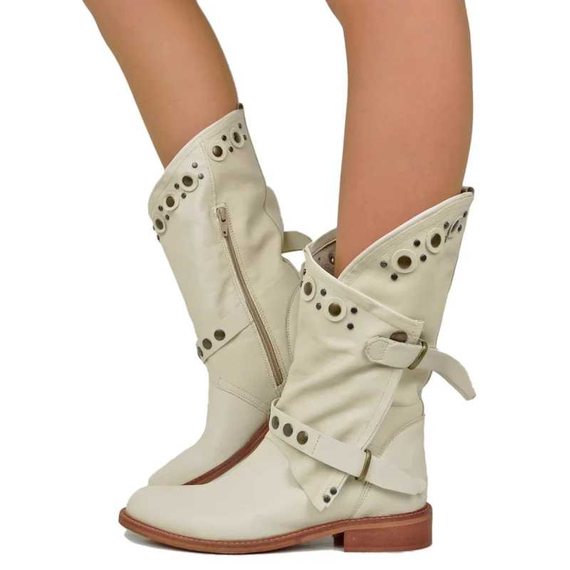 Stivali Donna Biker Estivi Beige in Pelle con Borchie e Zip