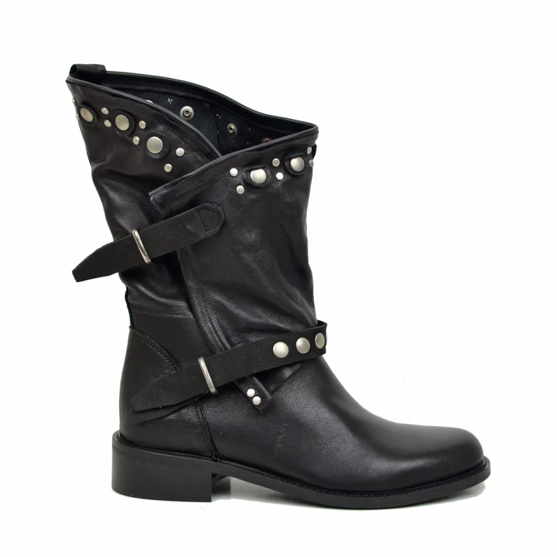 Stivali Donna Biker Estivi Neri in Pelle con Borchie e Zip