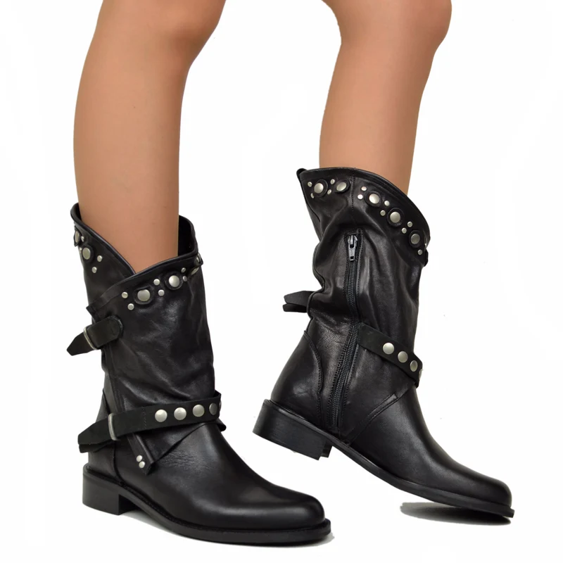 Stivali Donna Biker Estivi Neri in Pelle con Borchie e Zip