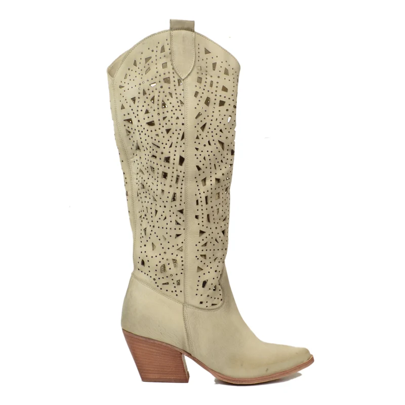 Stivali Texani Estivi Traforati in Nabuk Vintage Beige Made in italy