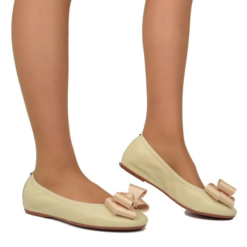 Ballerine Donna Beige con Fiocco Elasticizzate con Zeppetta interna