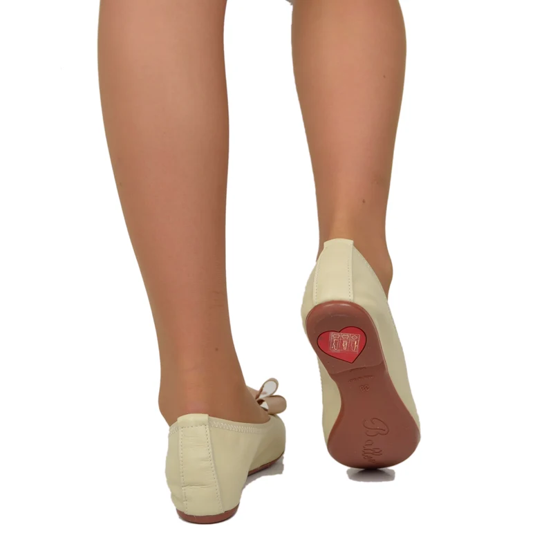 Ballerine Donna Beige con Fiocco Elasticizzate con Zeppetta interna