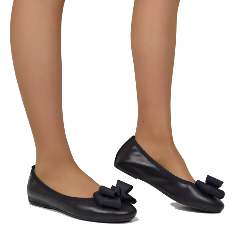 Ballerine Donna Nere con Fiocco Elasticizzate con Zeppetta interna