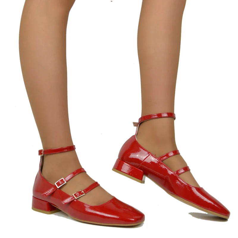 Ballerine Donna Rosse Punta Squadrata Mary Jane Made in Italy