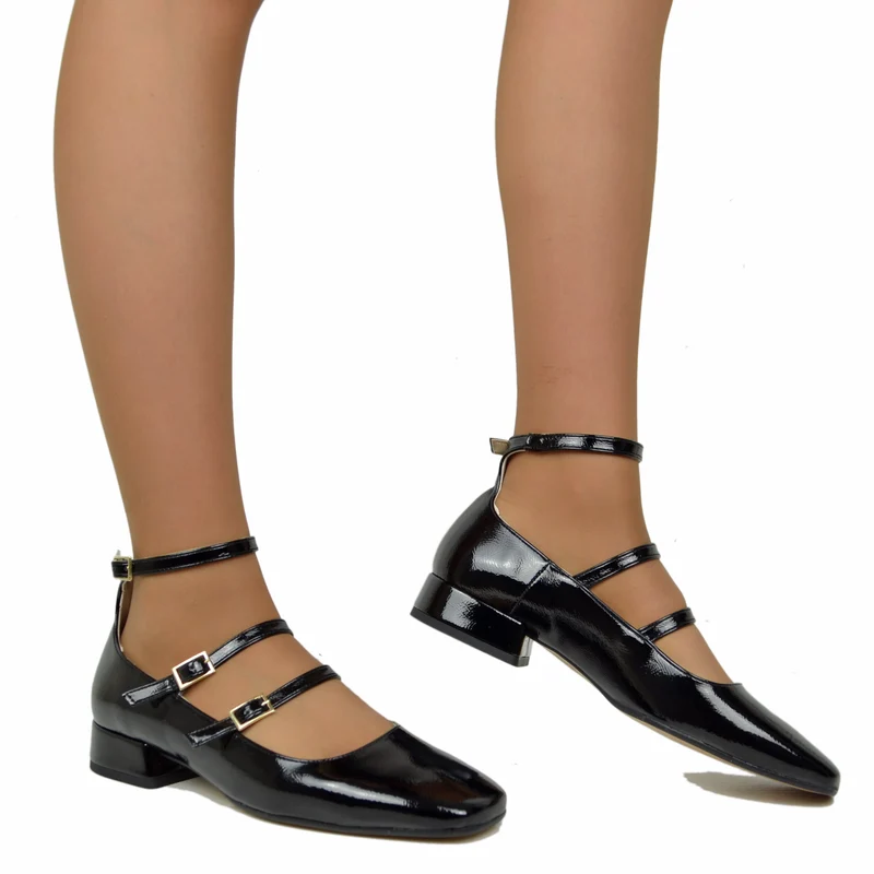 Ballerine Donna Nere Punta Squadrata Mary Jane Made in Italy