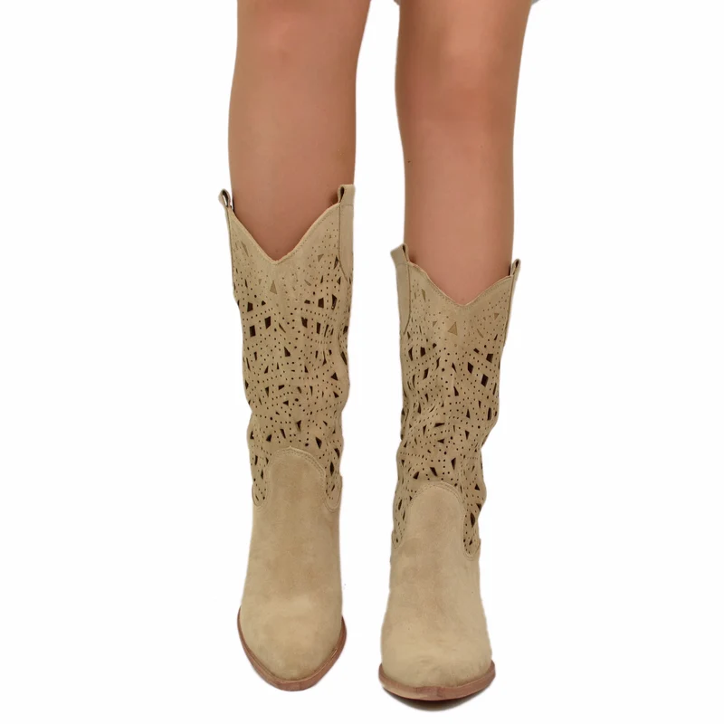Stivali Texani Estivi Traforati in Pelle Scamosciata Beige