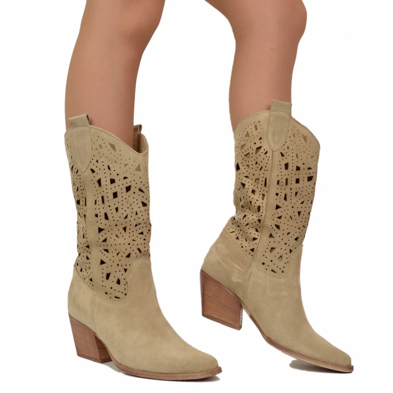 Stivali Texani Estivi Traforati in Pelle Scamosciata Beige
