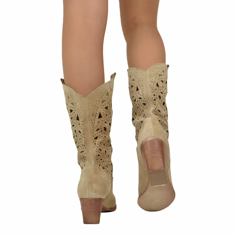 Stivali Texani Estivi Traforati in Pelle Scamosciata Beige