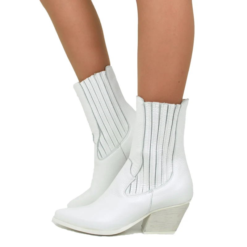 Stivaletti Texani Donna Bianchi in Pelle Elasticizzati Made in Italy