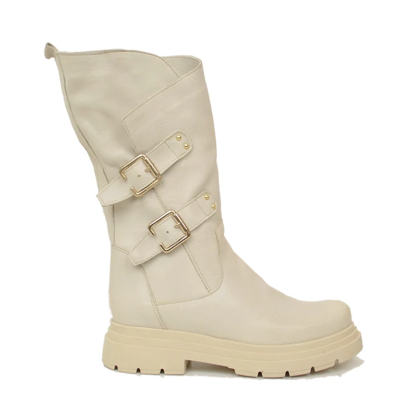 Stivali Donna Biker Beige con Fibbie e Zip Laterale Made in Italy