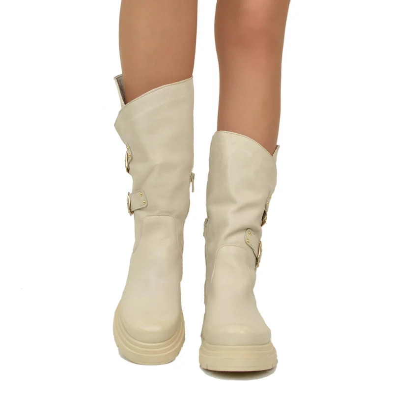 Stivali Donna Biker Beige con Fibbie e Zip Laterale Made in Italy