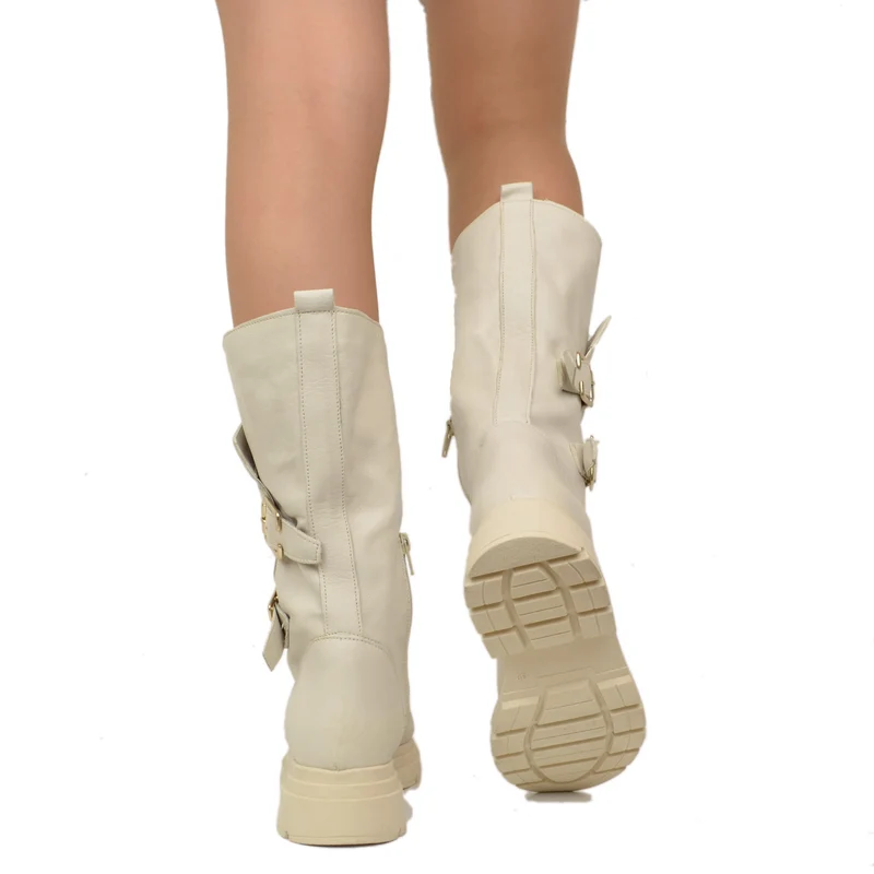 Stivali Donna Biker Beige con Fibbie e Zip Laterale Made in Italy