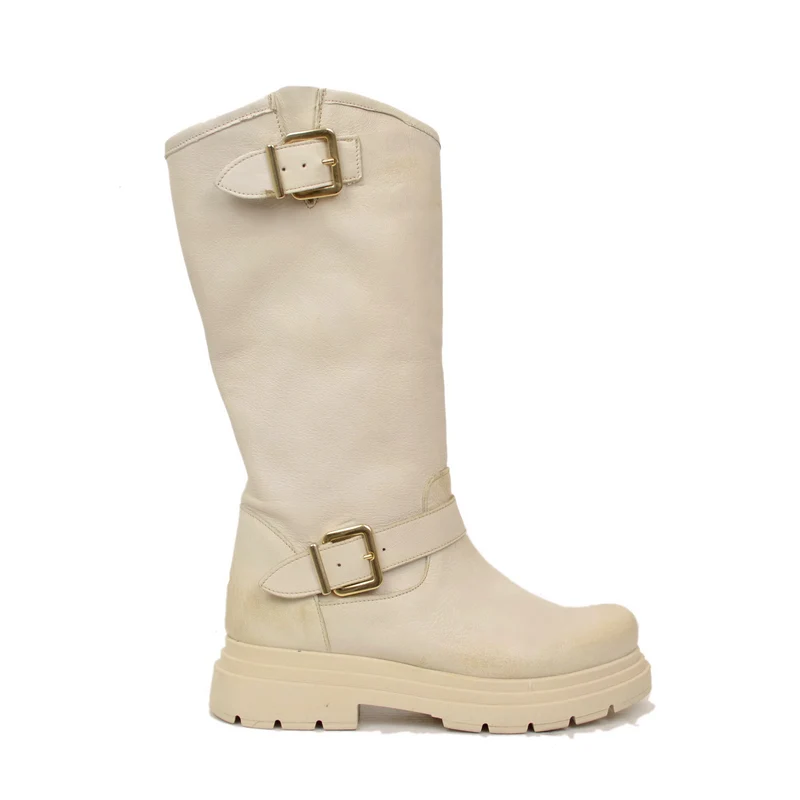 Stivali Donna Biker Beige con Fibbie Regolabili Made in Italy